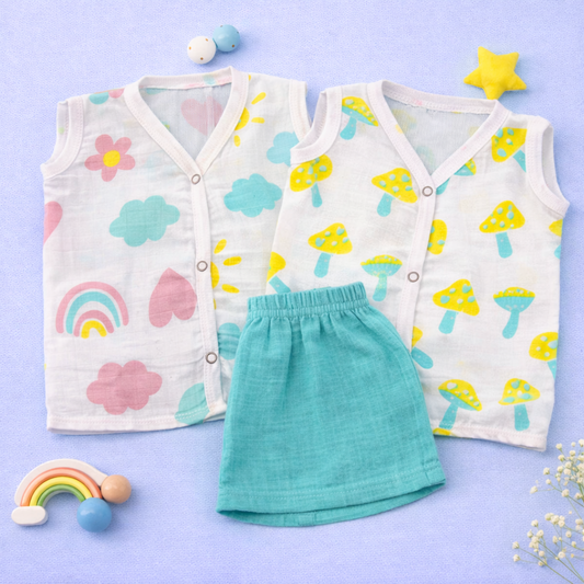Two Sleeveless Jablas+ 1 shorts - Rainbows+Mushrooms