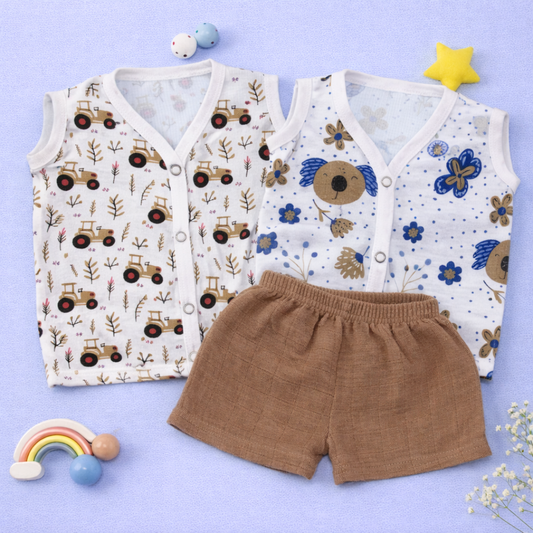 Two Sleeveless Jablas+ 1 shorts - Pandas+Tractor