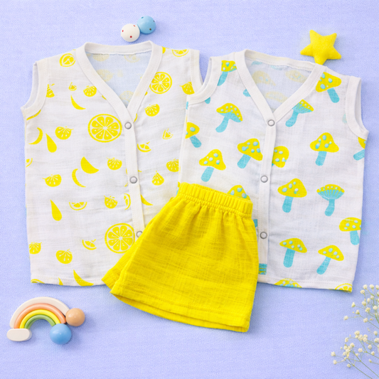 Two Sleeveless Jablas+ 1 shorts - Lemons+Mushrooms