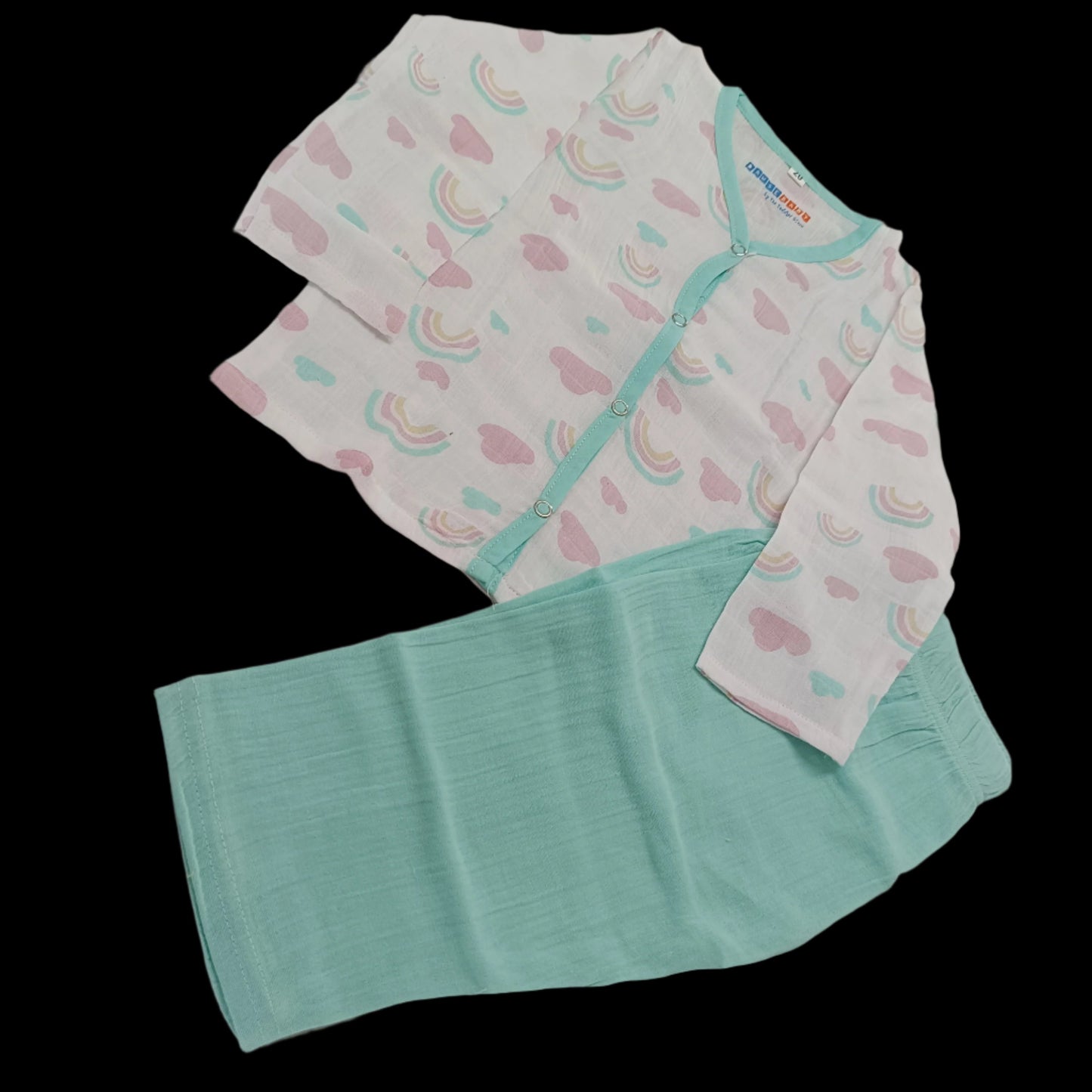 Crinkle Muslin Pyjama Sets/ Night Suits(White & Blue Rainbows)