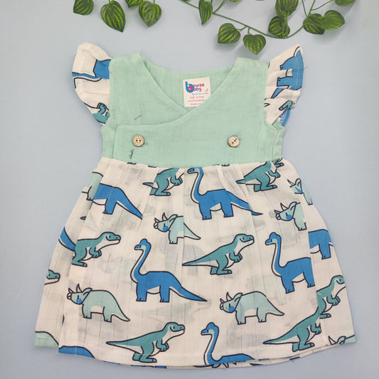 Dino party crossover VARNA muslin frock with frill sleeve - Bawse Baby