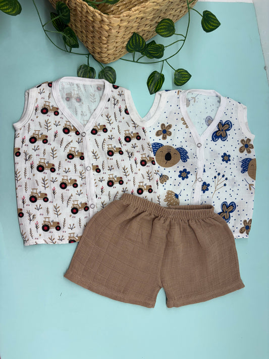 Two Sleeveless Jablas+ 1 shorts - Pandas+Tractor