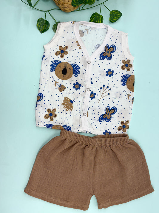 Sleeveless Panda Ivory Crinkled muslin co-ords