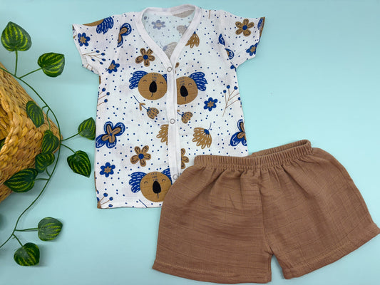 Half sleeve Panda Ivory Crinkled muslin co-ords