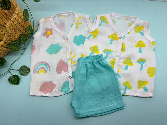Two Sleeveless Jablas+ 1 shorts - Rainbows+Mushrooms