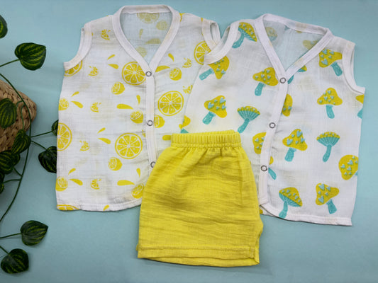 Two Sleeveless Jablas+ 1 shorts - Lemons+Mushrooms