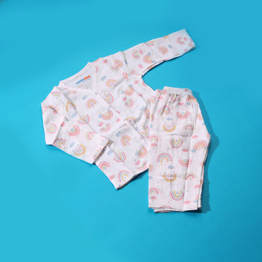 Crinkle Muslin Pyjama Sets/ Night Suits(White Rainbows) - Bawse Baby