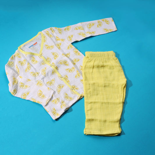 Crinkle Muslin Pyjama Sets/ Night Suits(Lemon Yellow) - Bawse Baby
