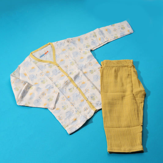 Crinkle Muslin Pyjama Sets/ Night Suits(Mustard Elephant) - Bawse Baby