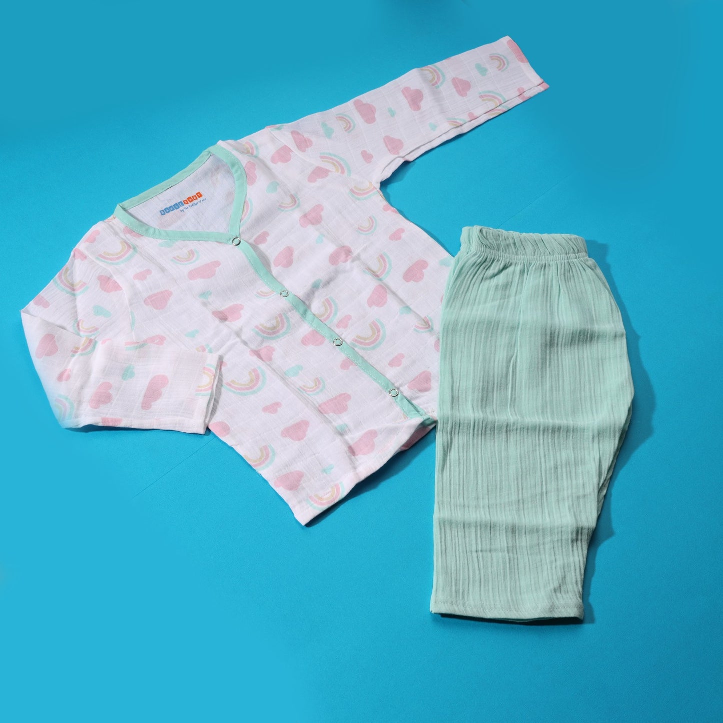 Crinkle Muslin Pyjama Sets/ Night Suits(White & Blue Rainbows)
