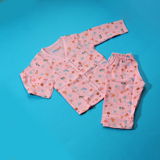 Crinkle Muslin Pyjama Sets/ Night Suits(Pink Party) - Bawse Baby