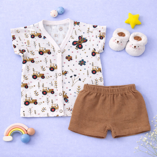 Crinkle muslin Half sleeve Jabla and Short set- Traactors