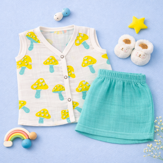 Crinkle muslin sleeveless Jabla and Short set- Mushrooms