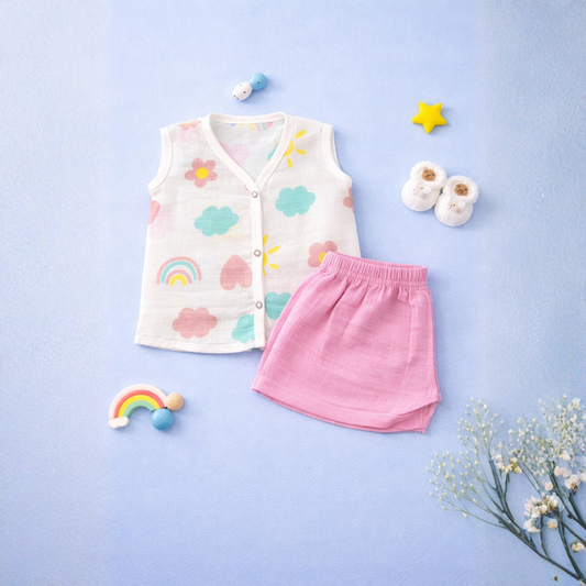 Crinkle muslin sleeveless Jabla and Short set- Rainbow