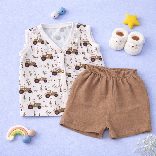 Crinkle muslin sleeveless Jabla and Short set- Tractors