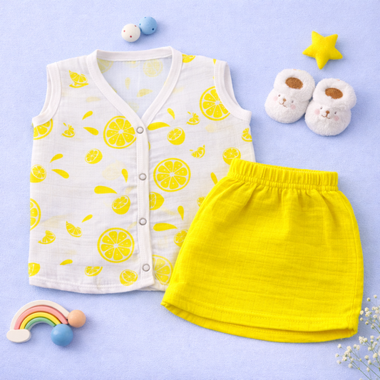 Crinkle muslin sleeveless Jabla and Short set- Lemons