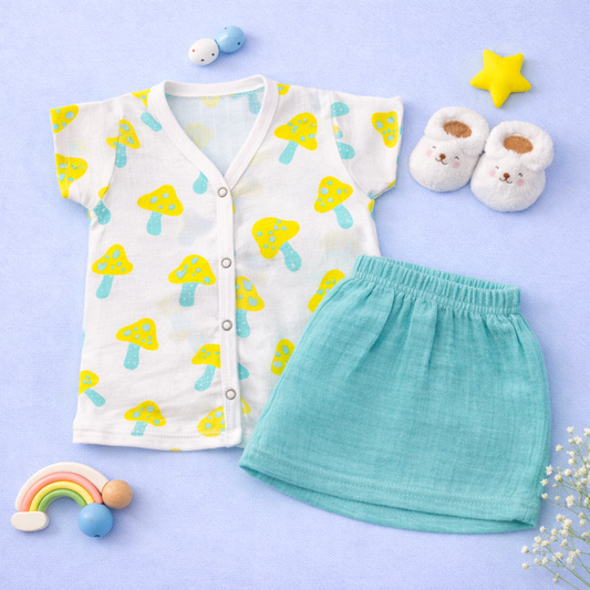 Crinkle muslin Half sleeve Jabla and Short set- Mushrooms