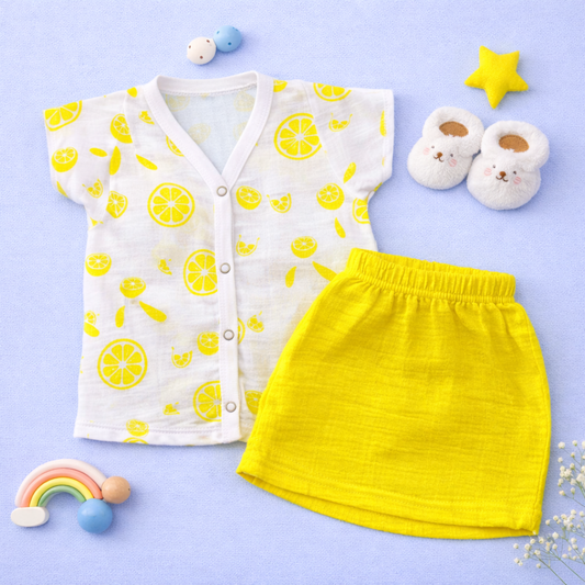 Crinkle muslin Half sleeve Jabla and Short set- Lemons