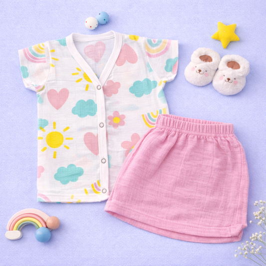 Crinkle muslin Half sleeve Jabla and Short set- Rainbows