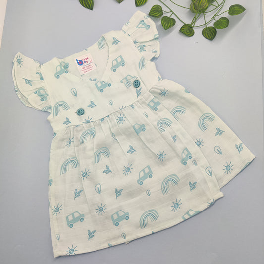 White floral crossover VARNA muslin frock with frill sleeve