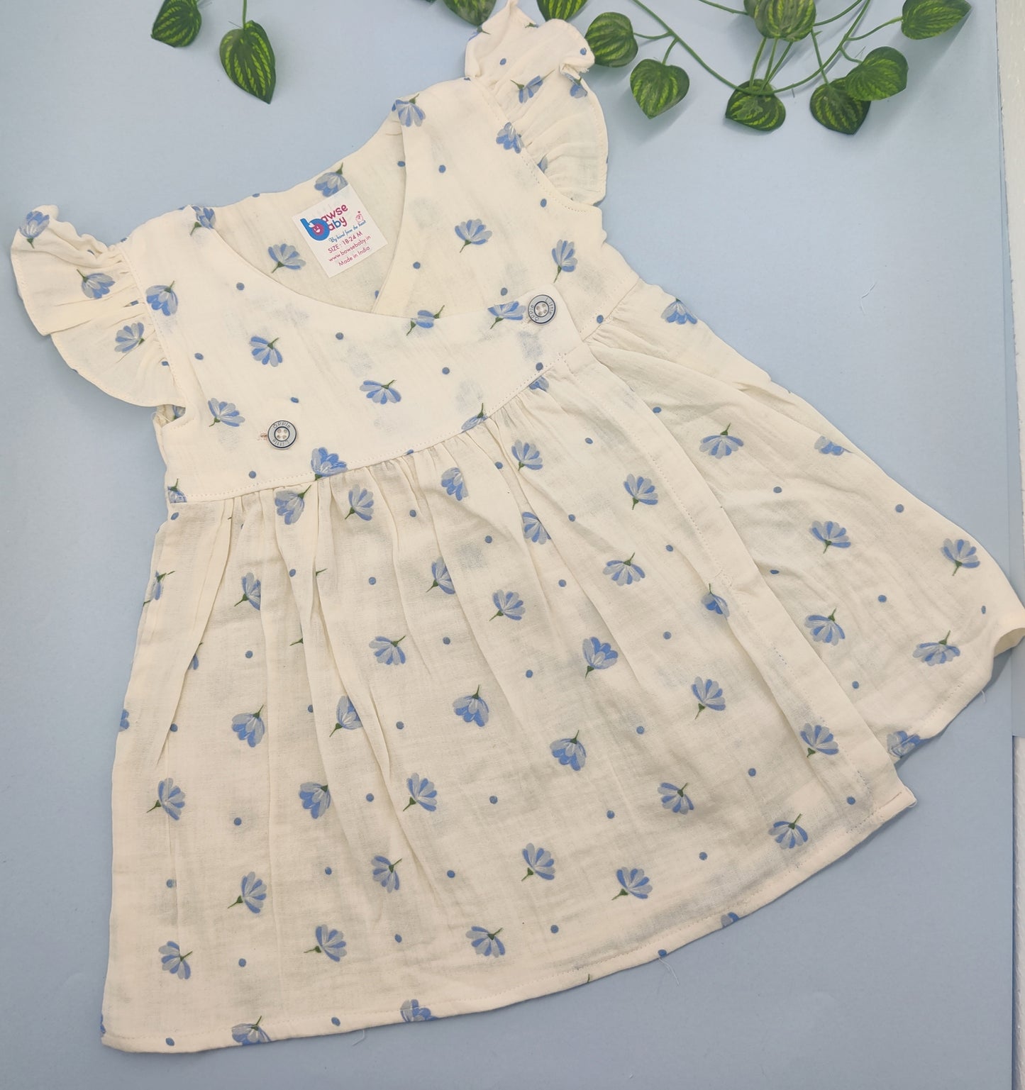 White floral crossover VARNA muslin frock with frill sleeve