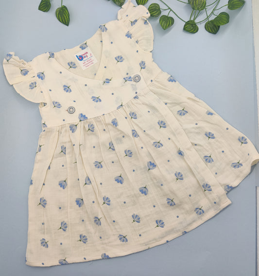 White floral crossover VARNA muslin frock with frill sleeve