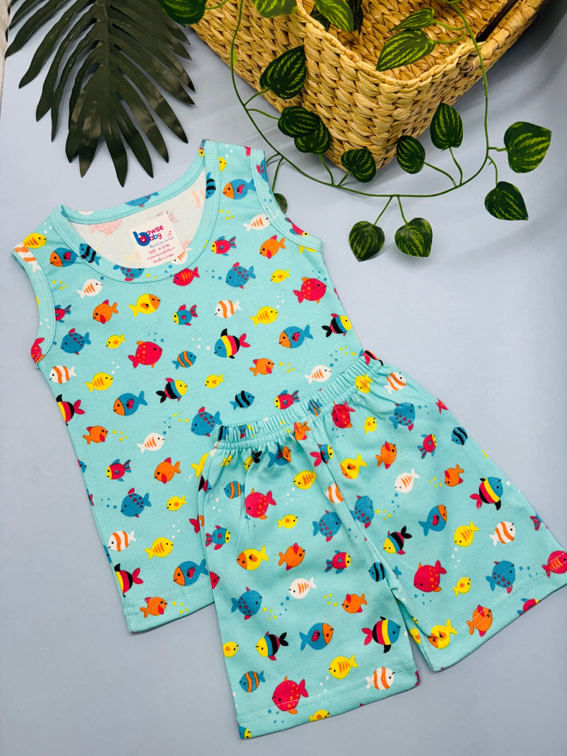 Blue Fishes Knitted Co-ords- Sleeveless Unisex - Bawse Baby