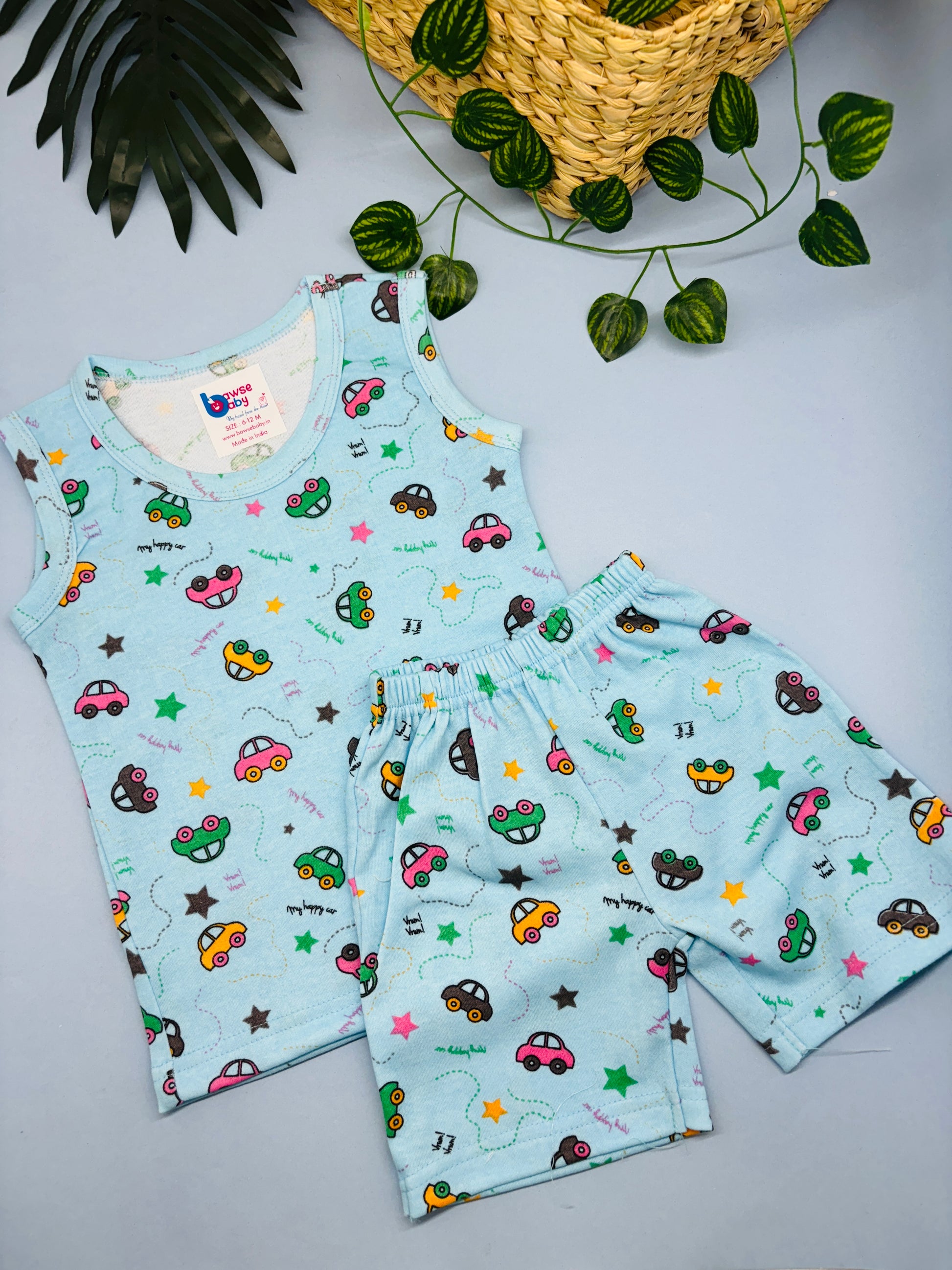 Blue cars Knitted Co-ords  - Sleeveless Unisex - Bawse Baby