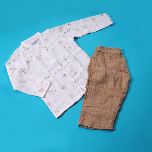 Crinkle Muslin Pyjama Sets/ Night Suits(Brown Moon & Stars)