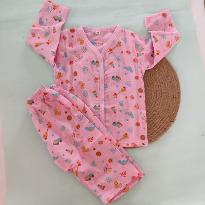 Crinkle Muslin Pyjama Sets/ Night Suits(Pink Party) - Bawse Baby 