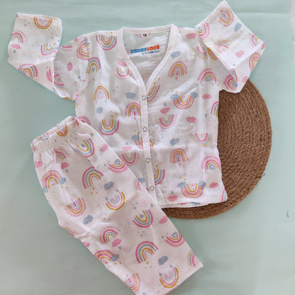 Crinkle Muslin Pyjama Sets/ Night Suits(White Rainbows)