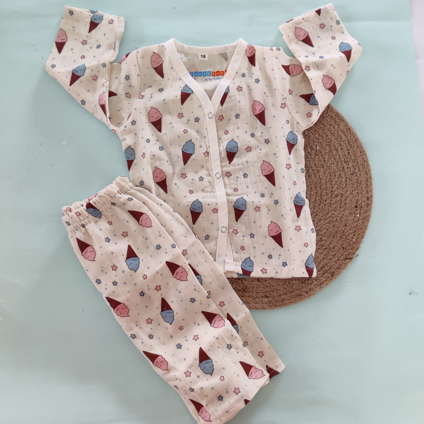 Crinkle Muslin Pyjama Sets/ Night Suits(Ivory Icecreams)