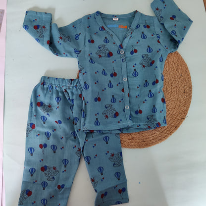 Crinkle muslin Pyjama sets/Night suits(Blue Party)